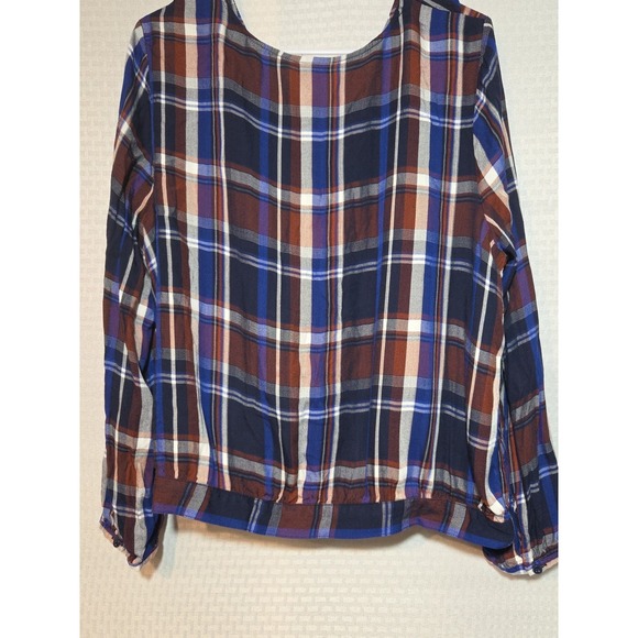 A New Approach a.n.a XL Brown Blue Plaid Tie Ruffle Front Blouse Long Sleeve - Picture 4 of 10